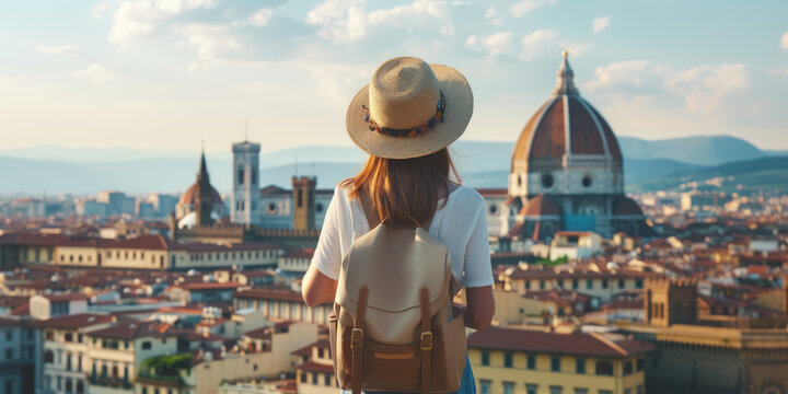 Fototapeta Young traveler woman exploring famous landmarks. Back view of female tourist on sunny vacation day