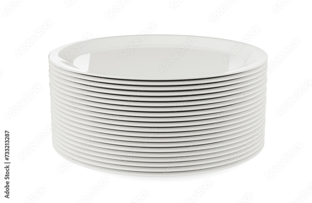 Poster stack of large empty white porcelain plates on white background