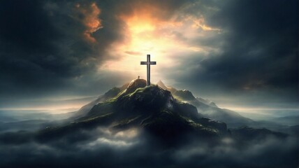 Holy cross symbolizing the death and resurrection of jesus christ with dramatic sky view