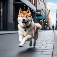 Akita Inu dog running wildly in a city sidewalk with open mouse. Generative AI
