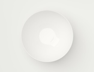 Single empty white porcelain bowl or dish on white background, flat lay top view from above