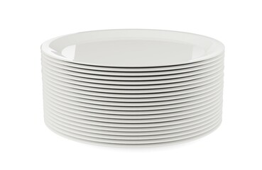Stack of large empty white porcelain plates on white background