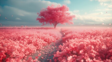 Obrazy na Plexi  Różowe drzewo na polu kwiatów