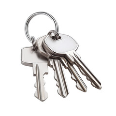 A set of shiny metal house keys with an elegant keychain isolated on transparent background