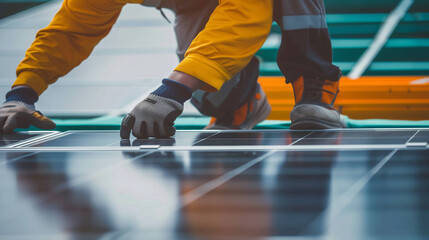 A man working install solar photovoltaic panels on a rooftop, embodying the shift towards alternative energy solutions.