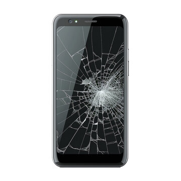 A smartphone with a cracked screen isolated on transparent background