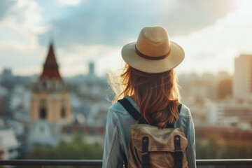 Young traveler woman exploring famous landmarks. Back view of female tourist on sunny vacation day