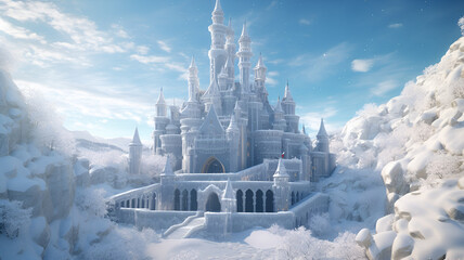 "Winter Wonderland: Enchanting 3D Rendered Snowcastle Amidst a Blizzard | Intricate Frosty Fortress Evoking the Magic of the 2023 Winter Season