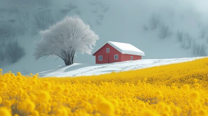 Czerwony dom na zasypanej śniegiem górze z abstrakcyjnym polem żółtych kwiatów w tle. - obrazy, fototapety, plakaty