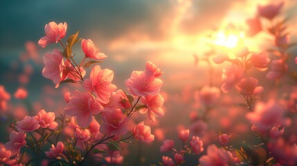 Widok z wierzchołka drzewa na wschód słońca i zbliżenie na różowe kwiaty symbolizujące początek wiosny. Tło, natura, tapeta - obrazy, fototapety, plakaty