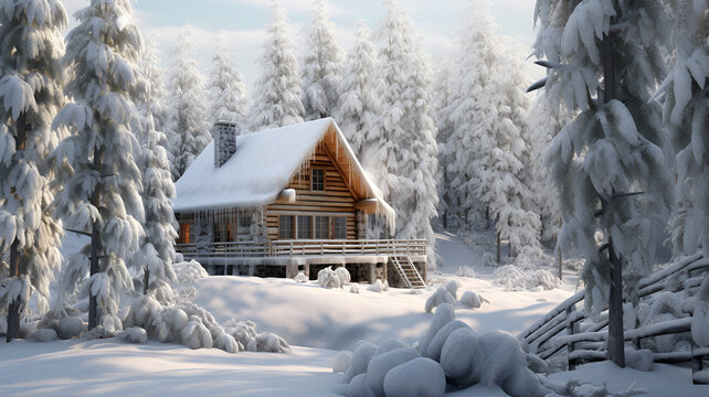 Tranquil Winter Retreat: Serene 3D Rendered Snowscape of a Rustic Log Cabin in the Woods | Capturing the Purity and Beauty of the 2023 Winter Season
