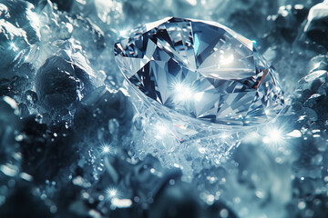 Diamond Nestled in Crystal Ice.
A diamond rests within an icy crystal terrain, glowing..