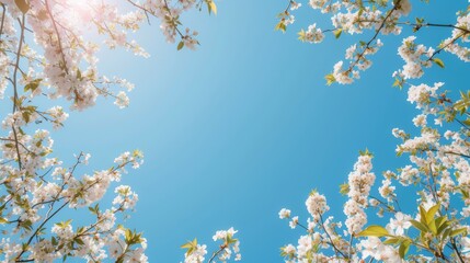 Spring sky framed by blooms, blossoming branches against a clear blue sky, perfect for spring themes