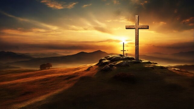 Holy cross symbolizing the death and resurrection of jesus christ with dramatic sky view