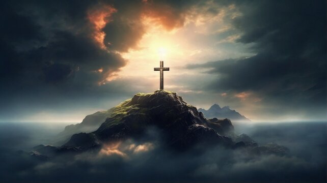 Holy cross symbolizing the death and resurrection of jesus christ with dramatic sky view