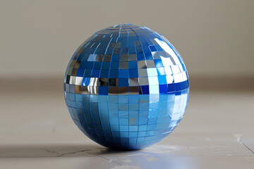 A blue disco ball is showing off some scratches.