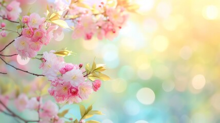 Fototapeta premium Spring background. Soft gradient background transitioning from the pale pink of cherry blossoms to the fresh green of new leaves, with space for text