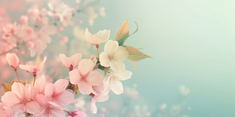 Spring cherry blossoms and tender green leaves against a soft gradient backdrop