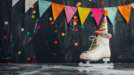 Ice Skate with a birthday party hat. Chalkboard and bunting banner in background. Sports birthday party concept graphic banner with copyspace