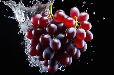 Black ripe grapes fall into the water, splashes and drops of water in all directions. On a black...