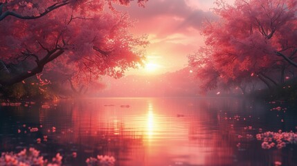 Zachodzi słońce nad jeziorem z różowymi kwiatami