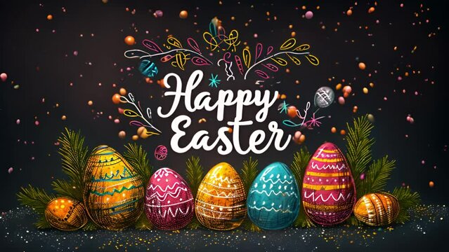 Easter eggs in a doodle style with Happy Easter text. Happy Easter Holiday background 4k video. Cartoon design