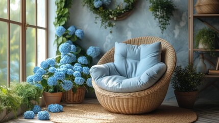 Wysoki wiklinowy fotel w pokoju z niebieskimi kwiatami - obrazy, fototapety, plakaty