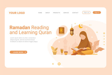 Read and learn the Quran more in the month of Ramadan vector illustration on landing page. Flat vector cartoon illustration ramadan kareem