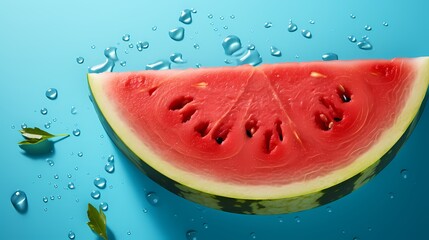 A top view of a watermelon slice against a refreshing sky blue background, tempting you with its juicy and refreshing taste