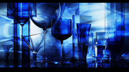 The light shows a collection of blue and black glass frames.