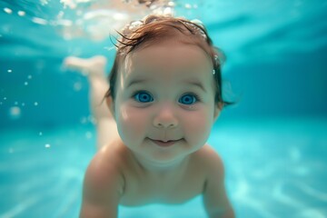Fototapeta na wymiar small baby swimming underwater in the swimming pool