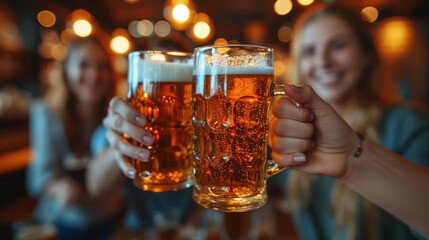 A group of happy friends having fun while toasting with beer in a bar.