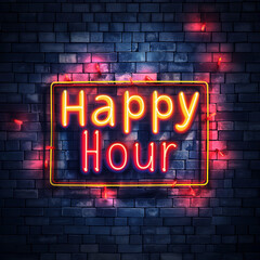 Happy hour neon on brick wall background.