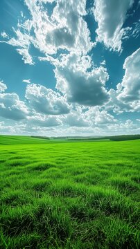 Summer Landscape with Green Fields, Blue Sky, and Fluffy Clouds over a Rural Meadow.