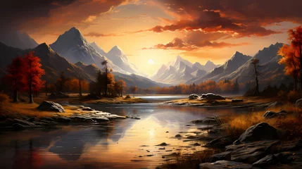 Stickers pour porte Réflexion A tranquil lake reflecting the golden hues of a setting sun, surrounded by tall mountains