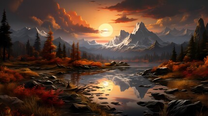A tranquil lake reflecting the golden hues of a setting sun, surrounded by tall mountains - obrazy, fototapety, plakaty