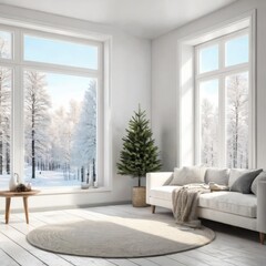 Mock up of empty room in white color with winter landscape in window. Scandinavian interior design. 3D illustration