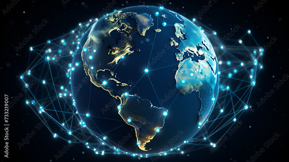 Poster global digital connectivity: network signals connecting across the globe, uniting various parts of t