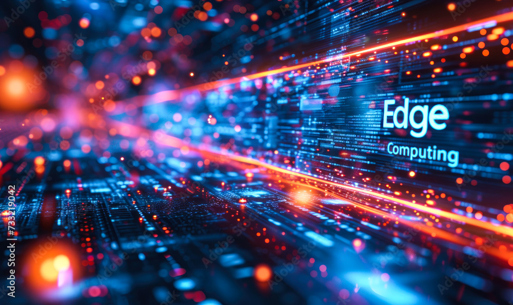 Poster edge computing concept highlighted on a motherboard, illustrating advanced data processing technolog