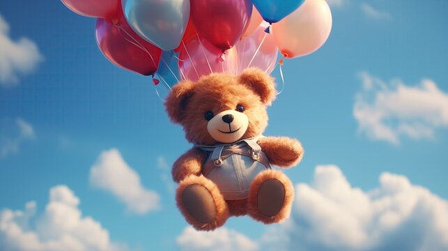 A teddy bear holds a balloon and floats in the sky.