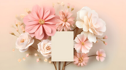 Flowers with a blank card, in pastel colors, powdery colors