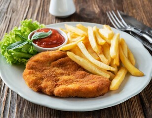 Paniertes schnitzel mit Pommes frites, auf Teller 