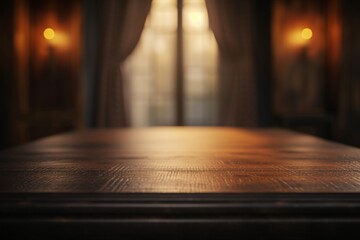Oak wood table on blurred background of modern grey living room 