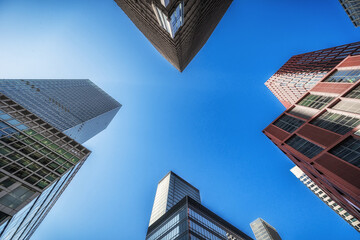 Looking Up at Skyscrapers in Vibrant Urban Skyline