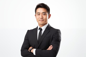 Portrait of a Young Asian businessman in a formal standing pose isolated on a white background.