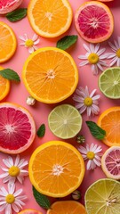 Orange, lemon, grapefruit citrus slices  and white flowers on pink background, top view