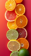 Obraz premium Orange, lemon, lime; grapefruit citrus slices on pink background; top view