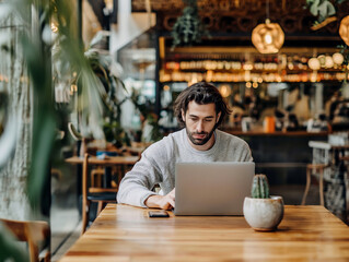 Entrepreneur man working on laptop in a modern cafe shop, remote worker / digital nomad