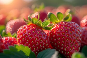 Close-up of ripe strawberries in sunlight field 