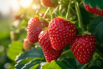 Close-up of ripe strawberries in sunny field